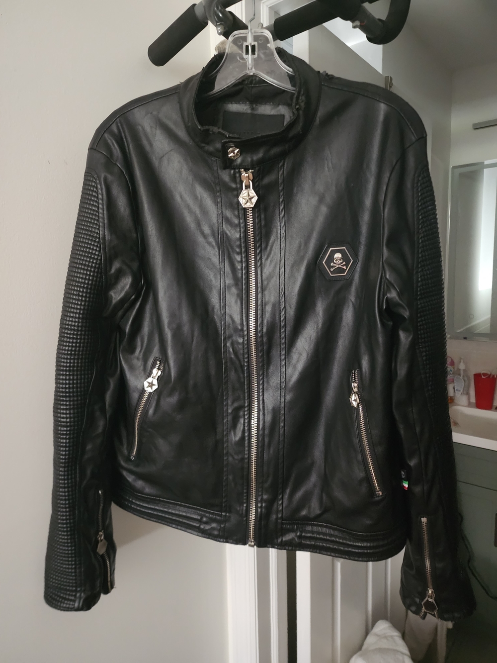 Philipp Plein Black Leather Moto Jacket with Skull Hex Patch